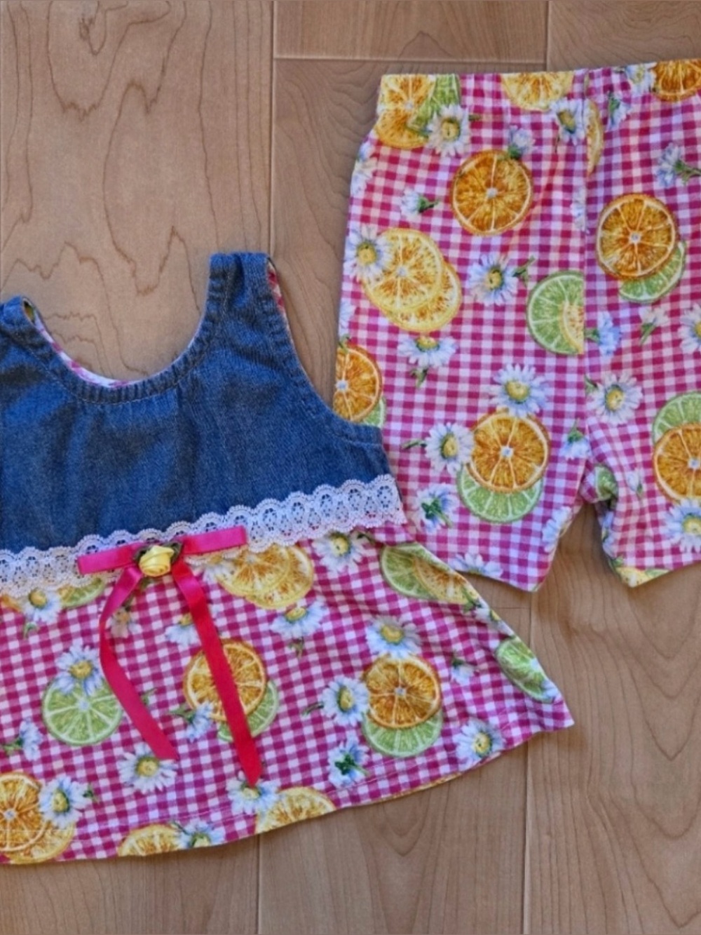 Vintage 1990s Y2K Okie Dokie 2-piece denim, neon plaid, fruit patterned set